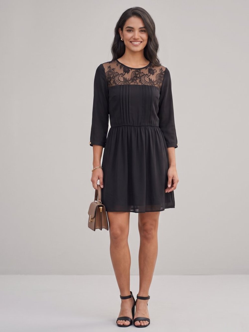 Simple Black Lace Mini Dress - Size: S